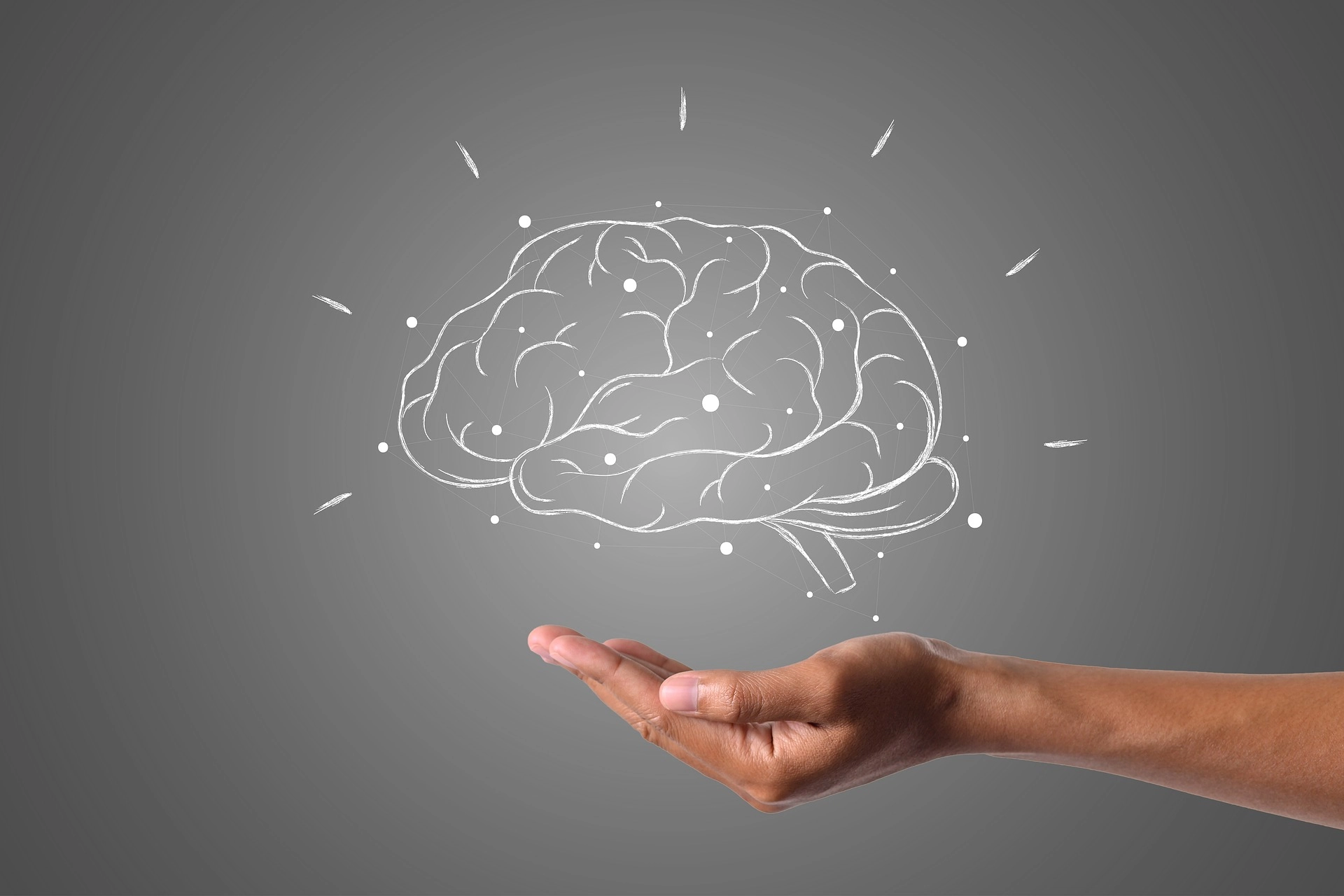 Image représentant le schéma d’un cerveau actif, soutenu par une main réelle en dessous