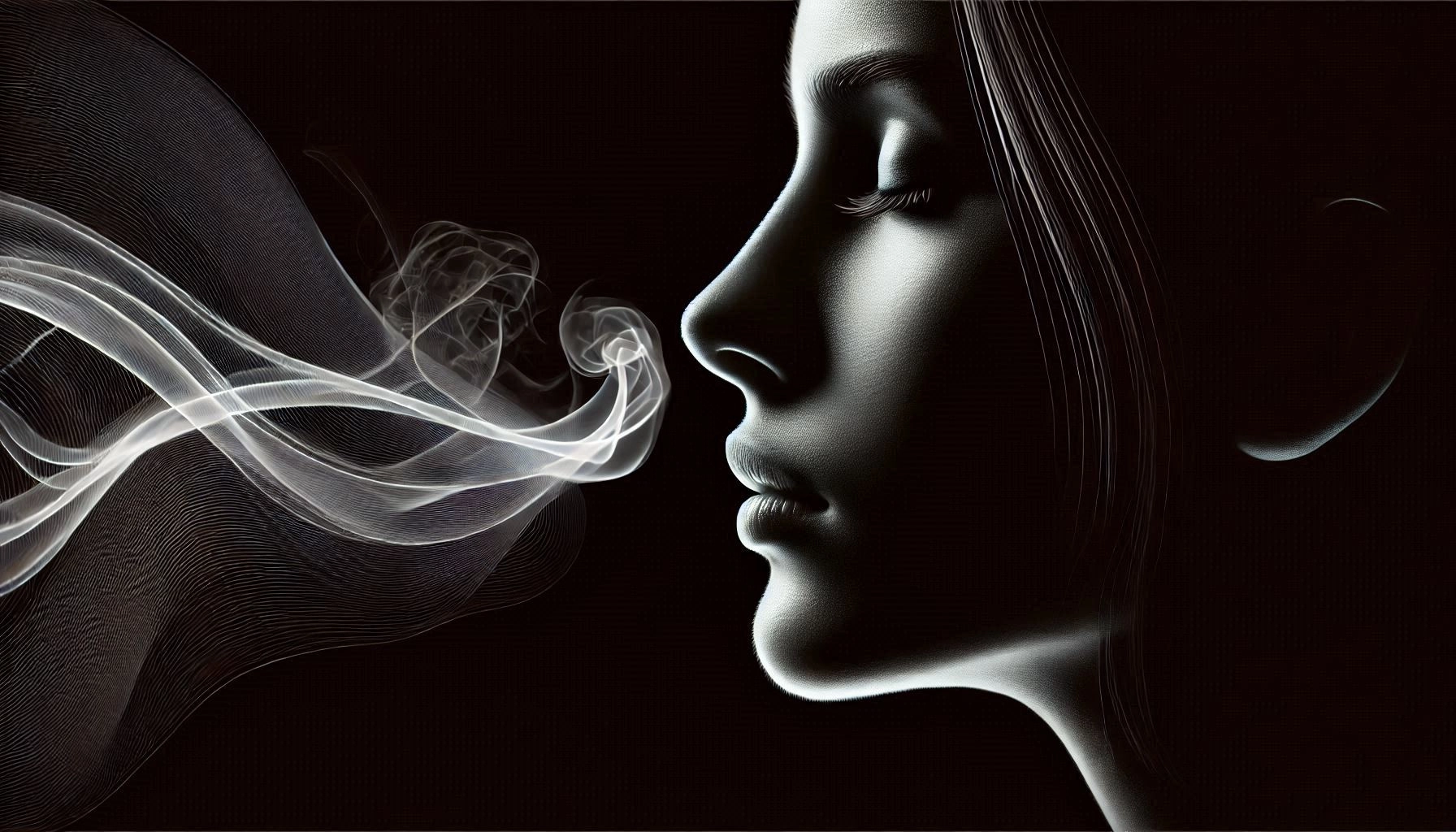 Illustration d'une femme de profil respirant une odeur visible sous forme de volute légère, représentant la perception olfactive. Image générée par intelligence artificielle.